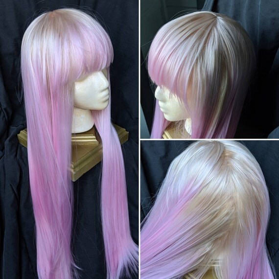 Pink Wig With Blonde Roots Dyed To Order Curly Or Straight Etsy