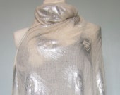 Cashmere Stole Shawl Wrap Scarf Pashmina - Screen-Printed - Silver Peacock on Cream