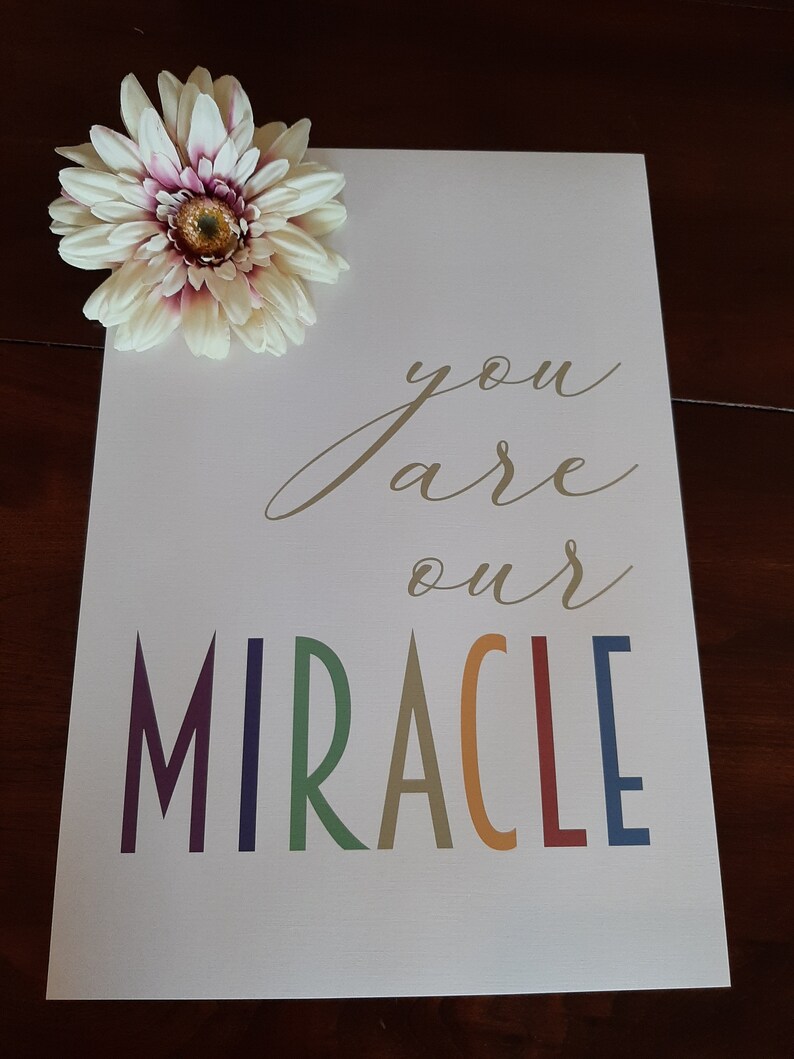 May include: A white card with the text "you are our MIRACLE" in gold lettering. The word "MIRACLE" is in rainbow colors. A white flower with a pink center is in the top left corner of the card.