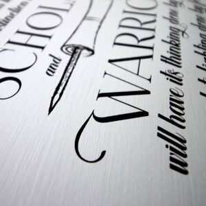 May include: Black and white typography on a white background. The text reads "Nation at distinction, Scholar and Warrior, will have its thinking done by day and its fighting done by night."