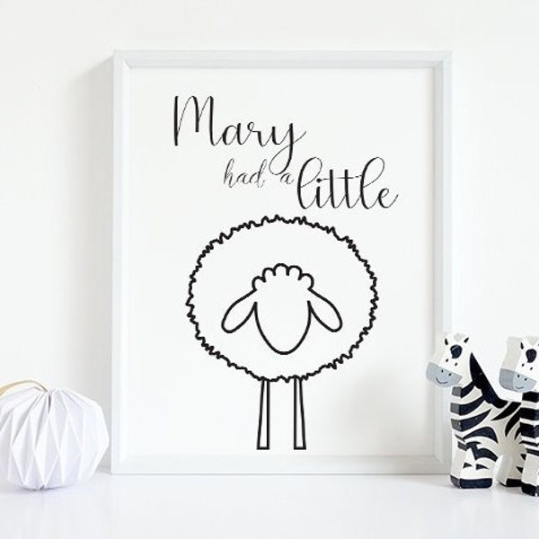 Nursery decor, Nursery Art, Nursery Wall Print, Nursery minimalist art, Black White Kids Art, Kid's room decor, Mary had a Little Lamb