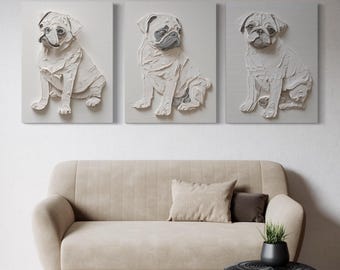 Pug Wall Art Set of 3 | Digital Download | Pug Decor for Dog Lovers | Minimalist Pug Prints | Cute Puppy Wall Art for Living Room