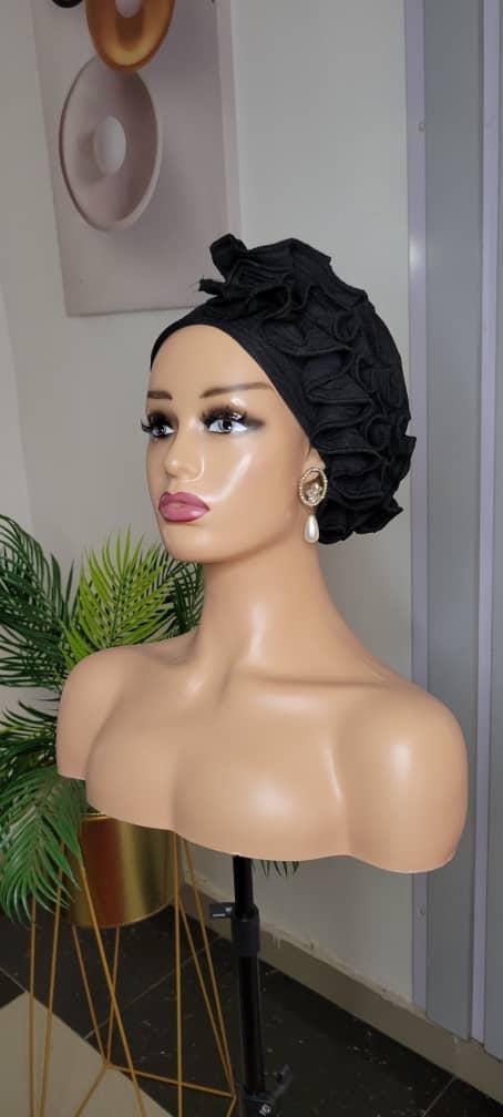 Ruffled Turban Head Wrap: Textured Rosette Fold Cap, Elegant Feminine ...