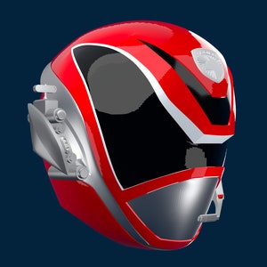 May include: A red and silver helmet with a black visor and a white stripe. The helmet has a silver emblem on the side with a bird design.