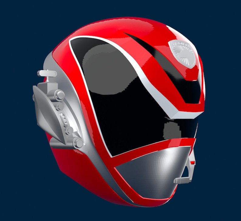 May include: A red and silver helmet with a black visor and a white stripe. The helmet has a silver emblem on the side with a bird design.