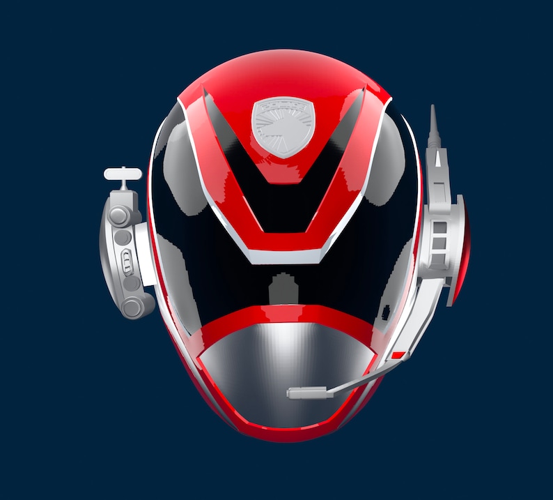 May include: A red and black helmet with a silver visor and a silver antenna on the side. The helmet has a white emblem on the front with the word "Sentinel" on it.