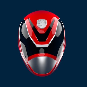 May include: A red and black helmet with a silver visor and a silver emblem on the top. The helmet has a sleek, futuristic design.