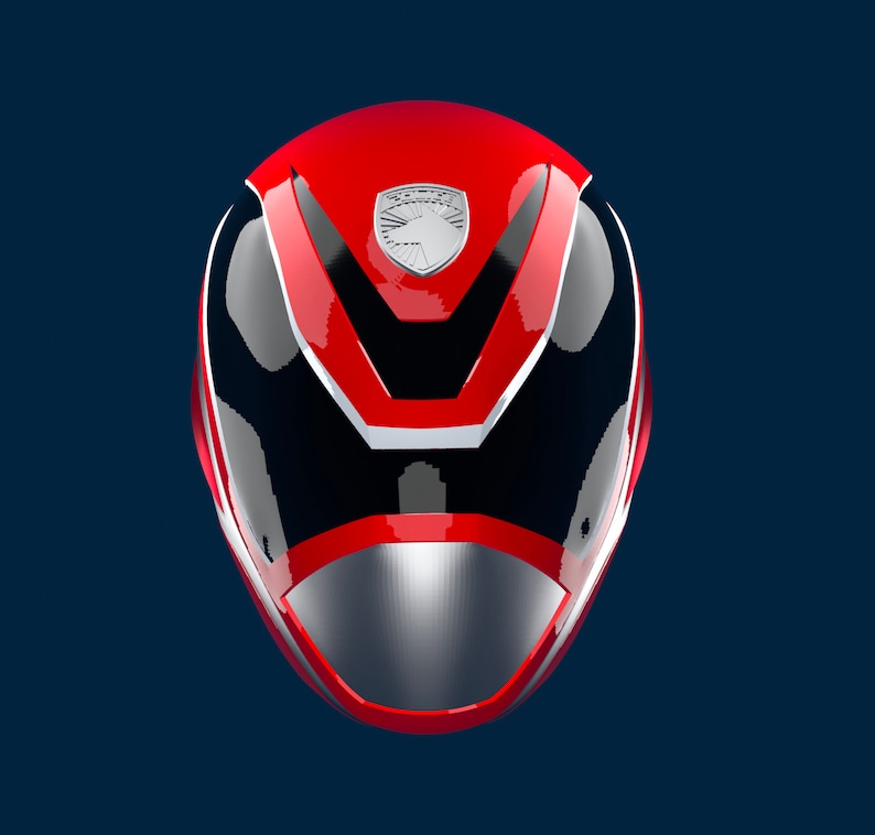 May include: A red and black helmet with a silver visor and a silver emblem on the top. The helmet has a sleek, futuristic design.