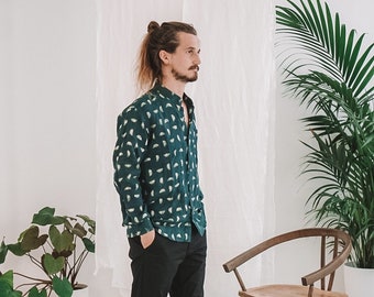 Jafa Grandad Collar Shirt in Forest - Naturally dyed hand printed mens shirt