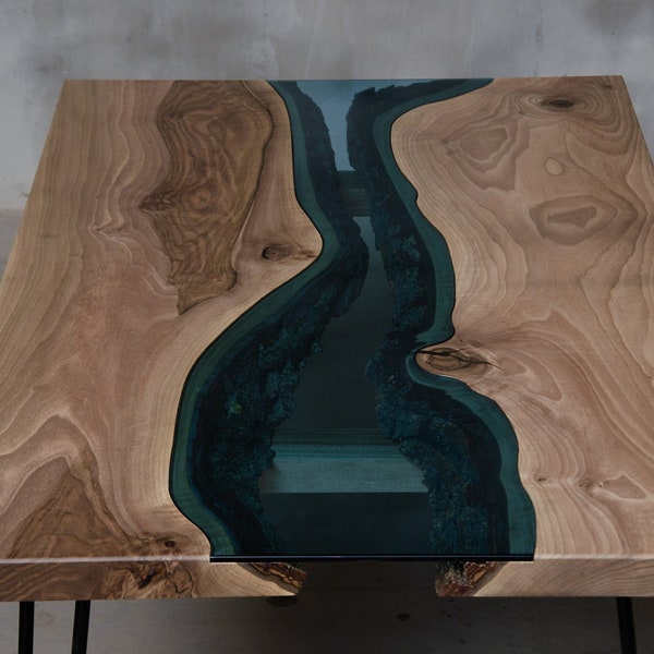 River coffee table made European walnut slabs, river edge coffee table with blue glass.