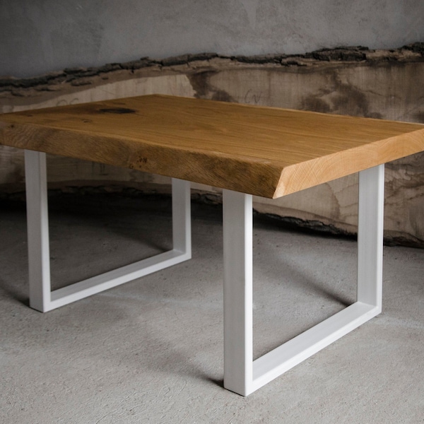 Live edge coffee table made of oak wood, small end table with white steel legs, industrial bedside table.