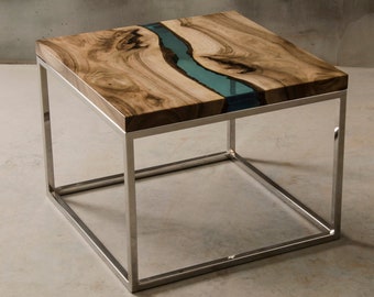 Square epoxy resin table, personalized live edge coffee table, river coffee table made with walunt wood