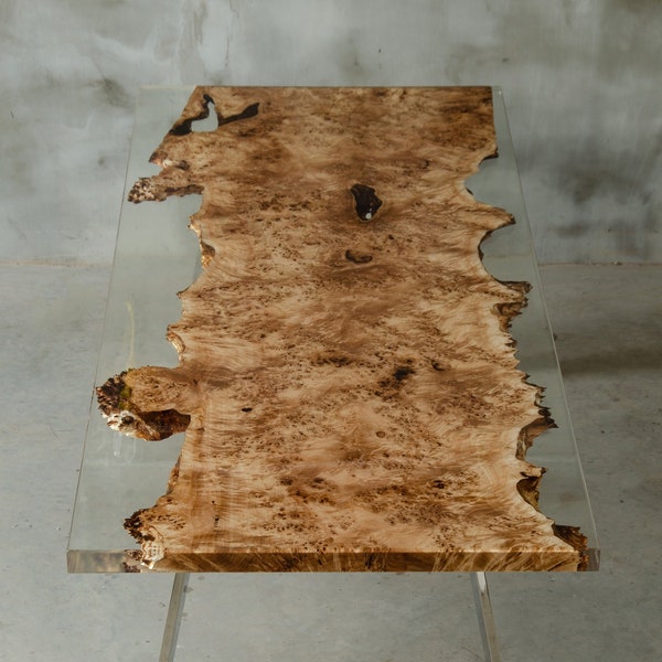 Poplar resin table, live edge table made mappa burl wood, luxury dining table