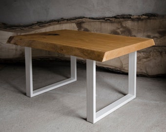 Live edge coffee table made of oak wood, small end table with white steel legs, industrial bedside table.