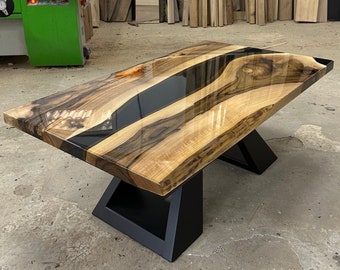 Luxury coffee table for glamour interior, Barn home furniture, Walnut wood table, Elegant epoxy living room furnishing, Beskope tabletop.
