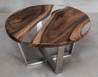 Custom resin table made of European walnut, round live edge table with transparent UV resin, epoxy table with brushed steel legs.