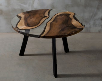 Mesa de comedor redonda a medida hecha de nogal, mesa de resina UV con patas de acero, mesa de borde vivo para un apartamento moderno, mesa de cristal epoxi.