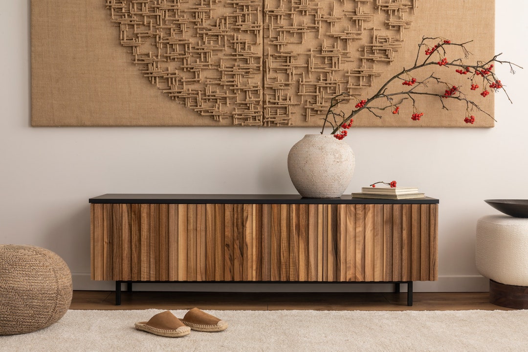 Stylish TV for Japandi Interior, Boho Home Furniture, Grooved