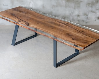 Custom folding live edge table made of oak wood, epoxy table with steel legs, uv resin table, modern dining river table, loft style.