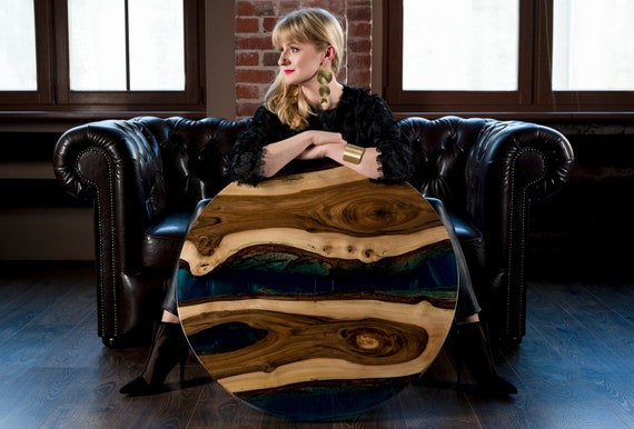 Blue Resin Coffee Table Made Walnut Slabs Epoxy River Coffee