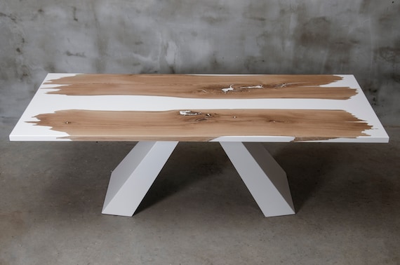 Custom Resin Table Made of Oak White Epoxy Table Matte Finished