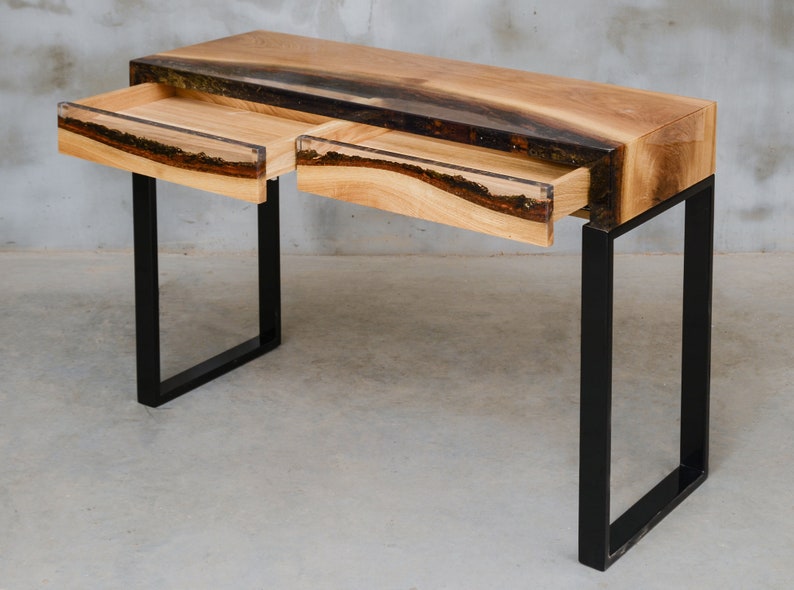 Custom console table with drawers, epoxy table made of aok wood, UV resin table, modern live edge table, unique new home gift, little desk. image 1