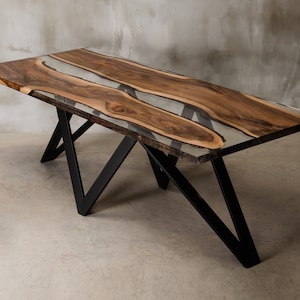 Custom epoxy resin table made of two walnut slabs, crystal transparent uv resin table, live egde table for modern living room, river table.