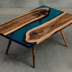 Custom epoxy resin table made of walnut wood, blue UV resin unique small river table, live edge table with wooden legs to modern living room