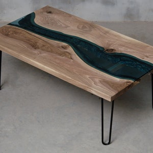 River coffee table made European walnut slabs, river edge coffee table with blue glass. image 2