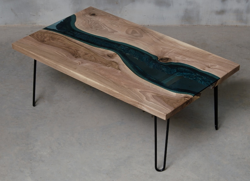 River coffee table made European walnut slabs, river edge coffee table with blue glass. image 2