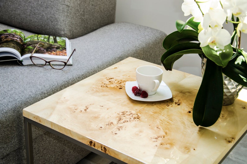 Square coffee table, small table made poplar burl verneer, vintage end table, suit to elegant living room. image 6