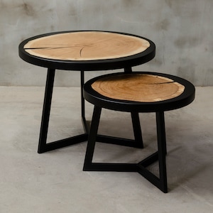 Set of two coffee tables for living room, Round table for industrial interior, Luxury home furnishing, Wood furniture for bohemian house image 1