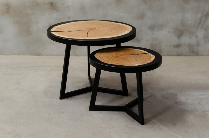 Set of two coffee tables for living room, Round table for industrial interior, Luxury home furnishing, Wood furniture for bohemian house image 1