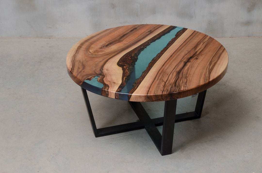 Round Resin Coffee Table, Blue Epoxy End Table Made European Walnut ...
