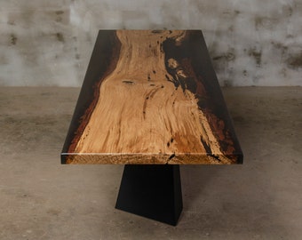 Unique monolith table with matte finish, live edge conference table, natural wood furnishing, big dinning room table for family