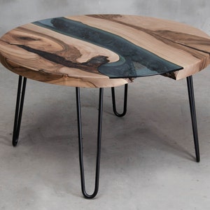 Custom river table made of European walnut wood, round coffee table, live edge table with hairpin legs, furniture for boutique hotel.