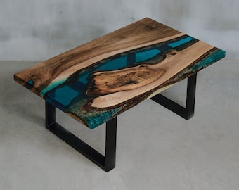 Custom live edge coffee table made with walnut, blue UV resin table, one of the kind epoxy table matches to modern home and boutique hotel