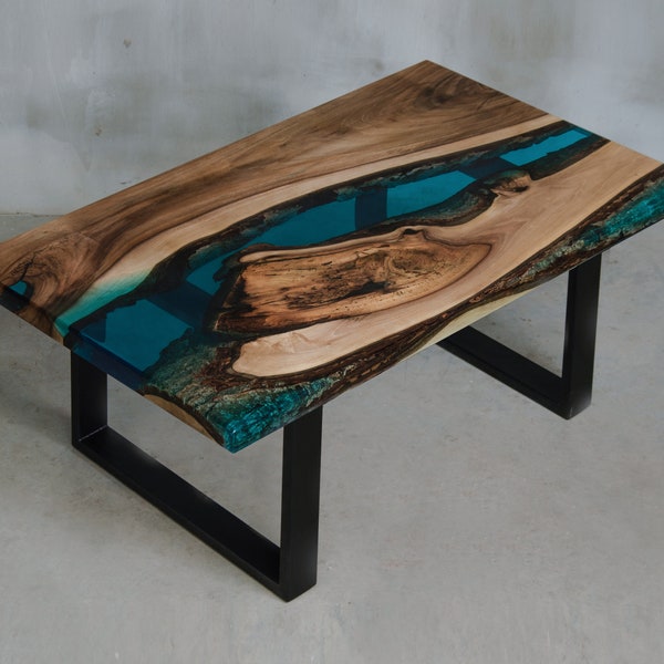 Table basse Live Edge personnalisée en noyer, table en résine UV bleue, l'une des tables en époxy qui correspond à la maison moderne et à l'hôtel de charme