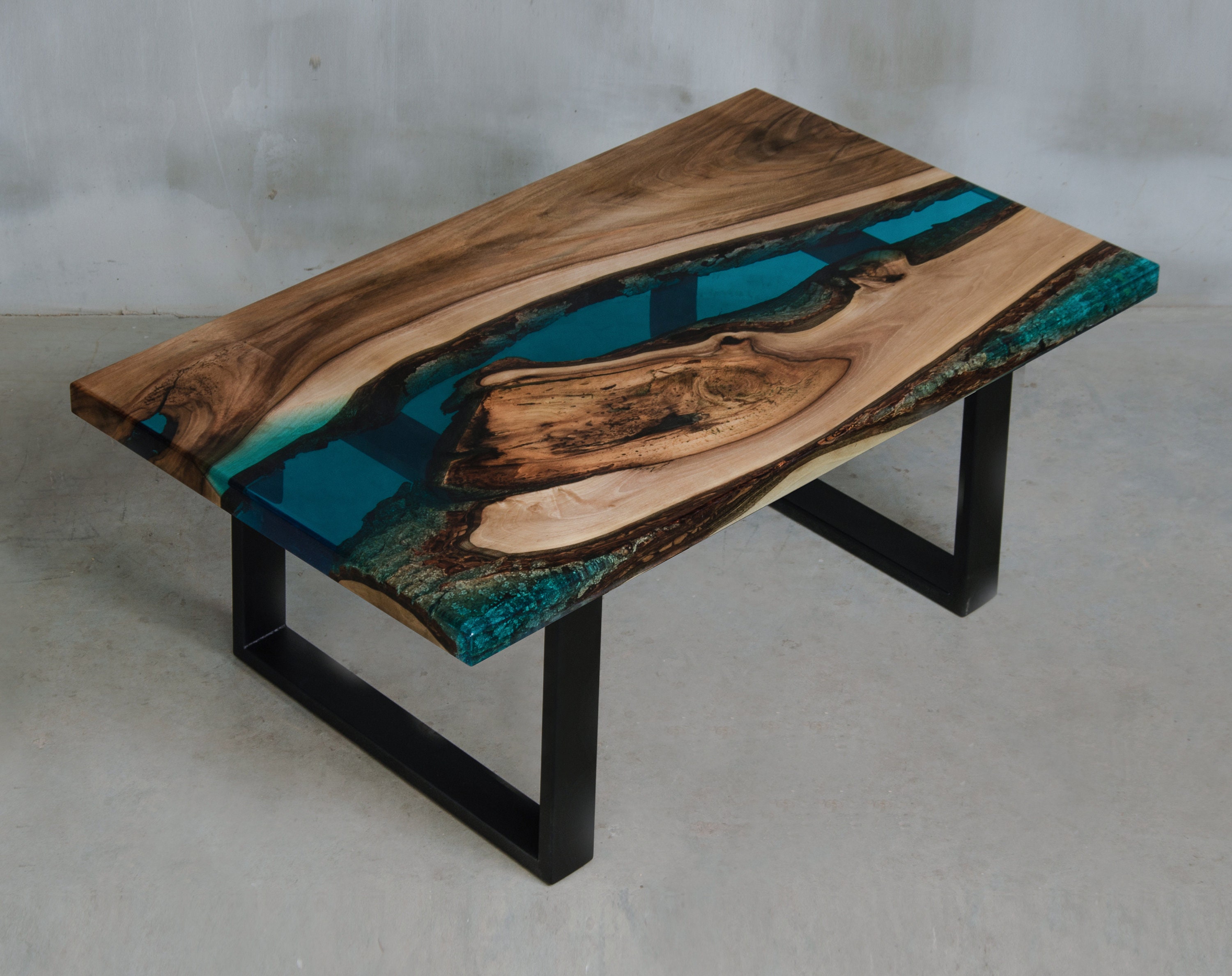 Blue and Black Epoxy Resin Custom Coffee Table with Glass Top