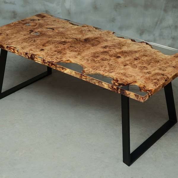 Custom live edge table made of mappa burl wood, uv resin table, epoxy table made of one unique slab, luxury conference table, modern home.