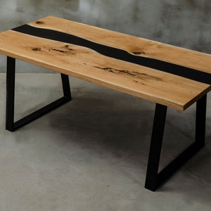 Custom live edge table made of oak, black epoxy table, resin table, river table with steel leg, wooden dining table for modern interior