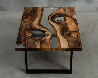 Custom resin table made of walnut, crystal transparent UV resin, rectangular epoxy table with steel legs, river table for a modern interior