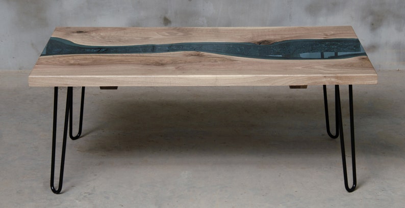 River coffee table made European walnut slabs, river edge coffee table with blue glass. image 5