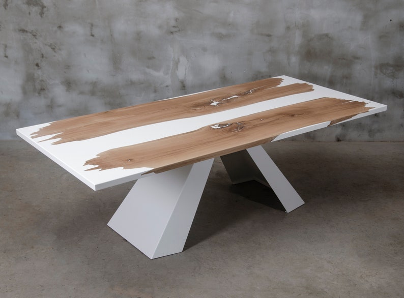 Custom resin table made of oak, white epoxy table, matte-finished conference table, river table with steel legs, big live edge dining table