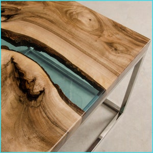 Epoxy resin table made of walnut wood and blue epoxy resin, live edge river coffee table, unique epoxy table