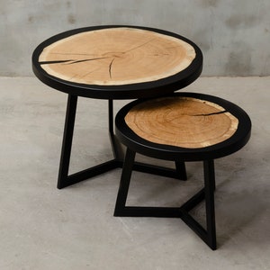 Set of two coffee tables for living room, Round table for industrial interior, Luxury home furnishing, Wood furniture for bohemian house image 2