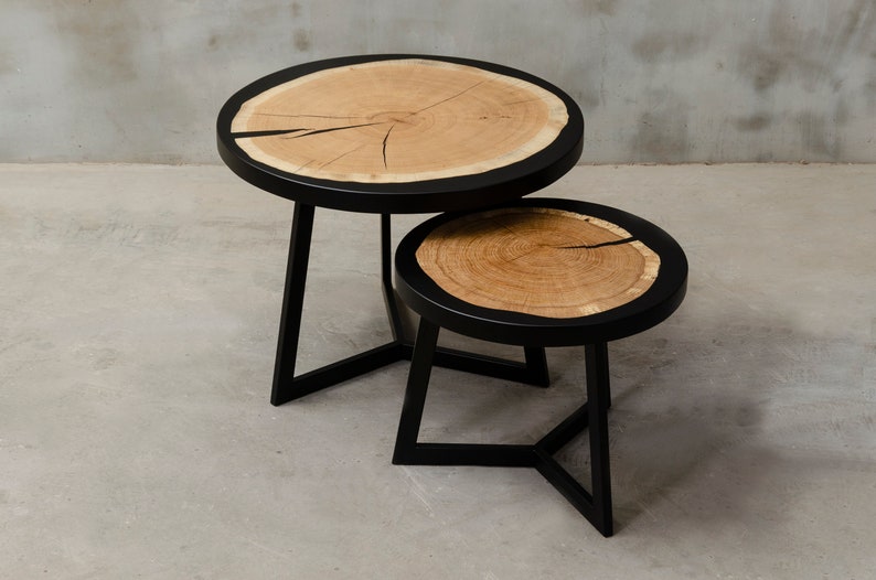Set of two coffee tables for living room, Round table for industrial interior, Luxury home furnishing, Wood furniture for bohemian house image 2