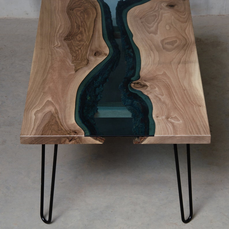River coffee table made European walnut slabs, river edge coffee table with blue glass. image 3