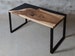 Wooden desk made of one slab European walnut, black resin table with steel legs, modern writing desk for architect, office desks. 