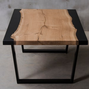 Black resin coffee table, live edge coffee table, one slab oak end table.